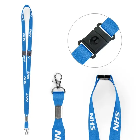 Blue 15mm Pre-Printed NHS Lanyards with Double Breakaway and Metal Trigger Clip (Pack of 100)