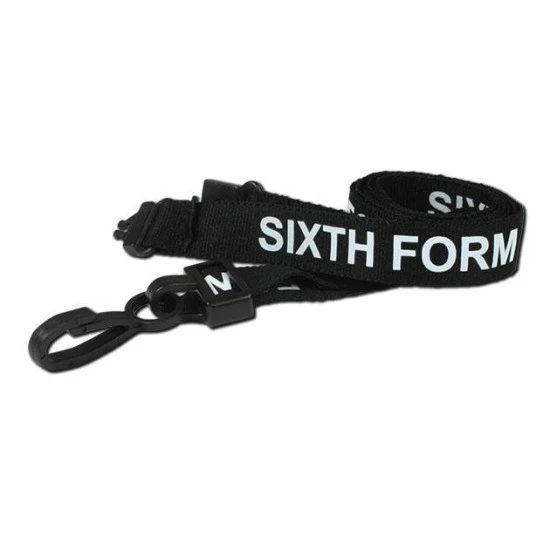 Black 15mm Pre-Printed SIXTH FORM Lanyards with Black Plastic Clip (Pack of 100)