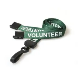 Green 15mm Pre-Printed VOLUNTEER Lanyards with Black Plastic Clip (Pack of 100)