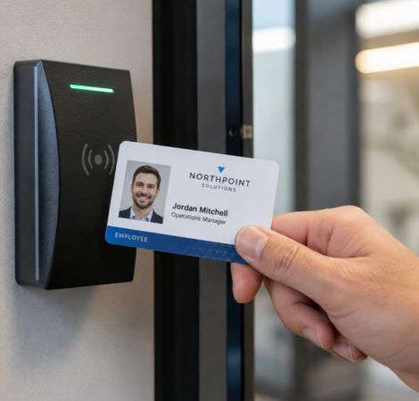 A printed access control card being used against a card reader.